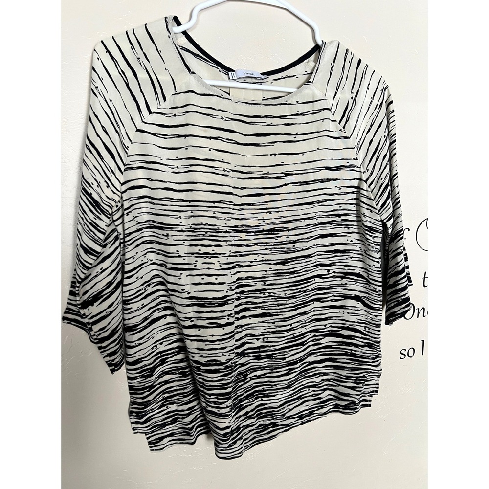 Vince 100% Silk Abstract Stripe 3/4 Sleeve Top Zebra Animal Abstract XS